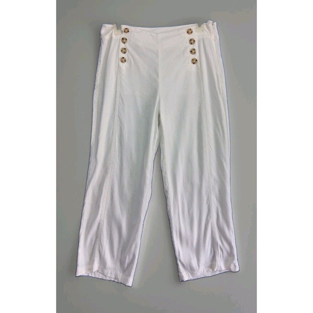 J Jill Linen White Wide Leg Capri Nautical Beach Bridal Buttons Women 30x25